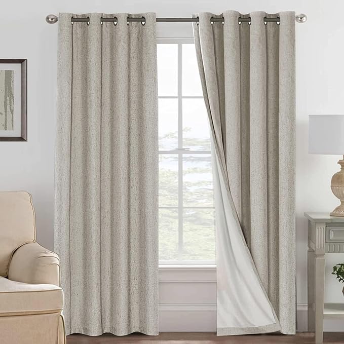 H.VERSAILTEX Linen Curtains 100% Blackout Curtains for Bedroom 90 inch Long Full Light Blocking Nature Linen Blended Window Curtains for Living Room Nickel Grommet (2 Panels, Stone)