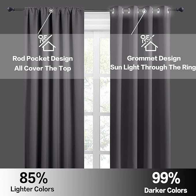 RYB HOME Blackout Curtains for Bedroom Living Room 72 inches Long, Thermal Insulated Privacy Rod Pocket Drapes for Nursery Office Home Theater, Width 42 by Length 72, Grey, 2 Panels