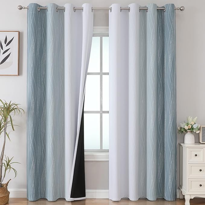 Estelar Textiler Stone Blue and Grayish White Blackout Curtains 108 Inches Long, Thermal Insulated Drapes for Bedroom, Full Light Blocking Energy Saving Long Curtains for Living Room,52Wx108L,2 Panels