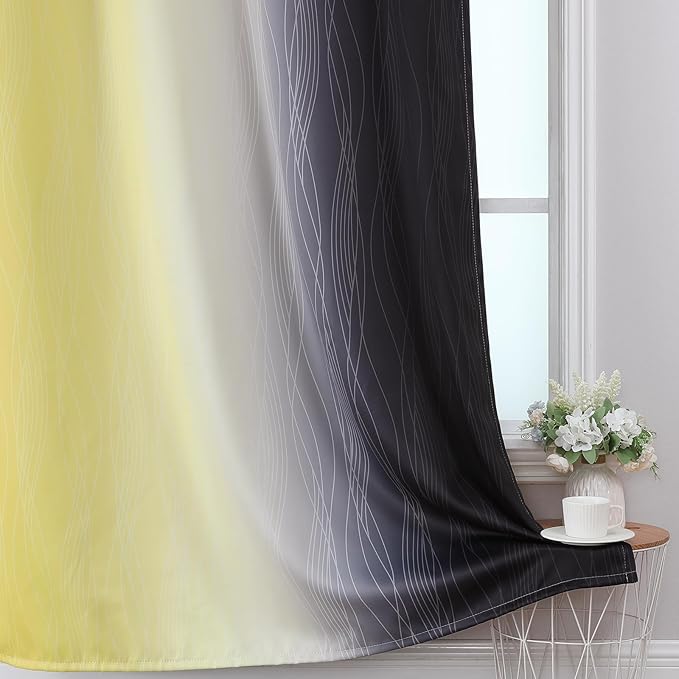 Estelar Textiler Black and Yellow Ombre Blackout Curtains 90 Inch Length 2 Panels Set, Thermal Insulated Drapes for Bedroom,Full Room Darkening Grommet Gradient Curtains for Living Room,52Wx90L