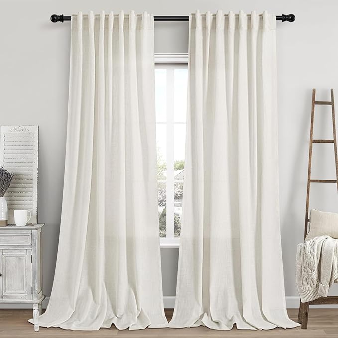 Cream Linen Curtains 110 Inches Long 2 Panels Set for Living Room Extra Long Back Tab Curtains Neutral Farmhouse Light Filtering Semi Sheer Linen Drapes Ceiling to Floor for Large Window 52x110