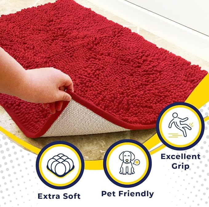 Muddy Mat® | Super Absorbent Door Mat Indoor, Microfiber Quick Dry Chenille Entryway Rug, Non-Slip Front Door Mat, Indoor Mats for Entryway, Machine Washable Pet Rug, Red 3ft x 8ft