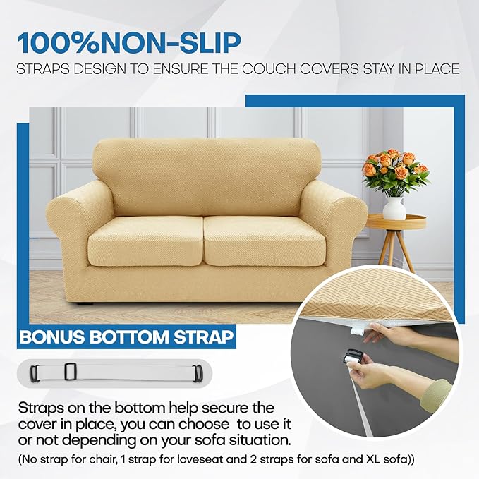 XINEAGE 2026 New 4 Pieces Couch Covers for 3 Cushion Couch Super Stretch Thick Soft Sofa Cover Anti Slip Sofa Slipcover Dogs Cats Furniture Protector (Beige, 71"-91")