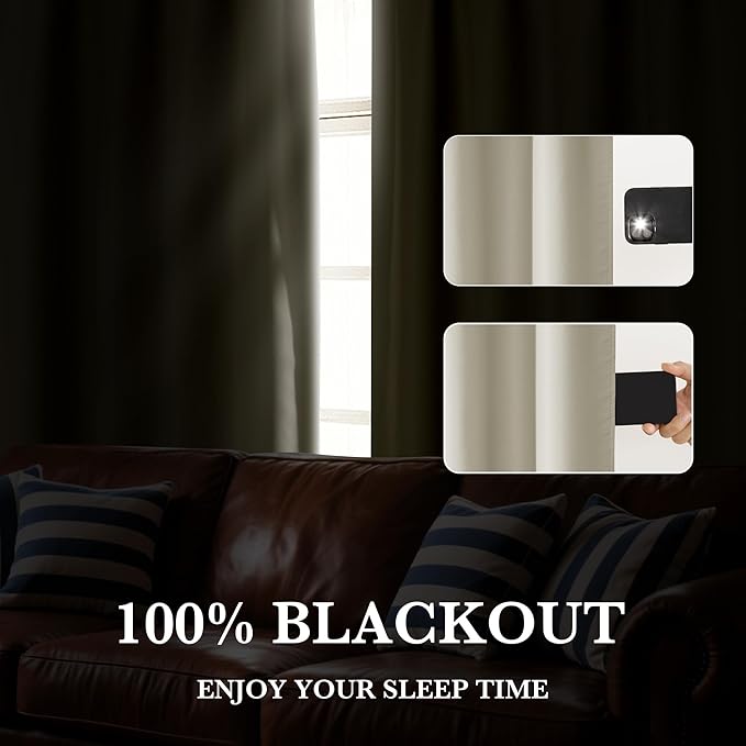 RYB HOME 100% Blackout Short Curtains for Small Window, Thermal Insulated Total Room Darkening Noise Reducing Curtains for Kitchen Bathroom Basement, 42 inches Wide by 48 inches Long, Natural