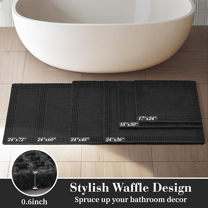 RESARE Waffle Bath Mat for Bathroom, Super Absorbent Bathroom Rugs Non Slip Machine Washable, Ultra Soft Quick Dry Boho Bath Rugs with Tassels for Floor, Upgraded Bordered Design, 17"x24" Black