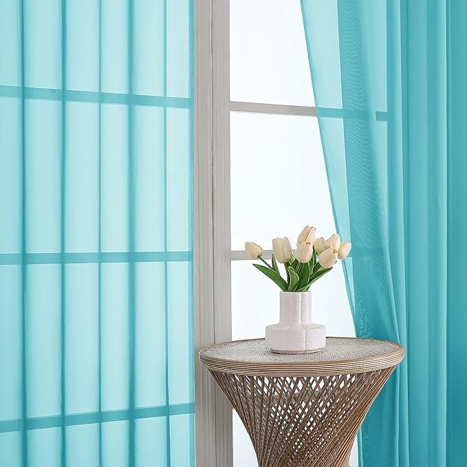 OVZME Turquoise Sheer Curtains 72 Inches Long 2 Panels Set, Light Filtering Sheer Curtains for Living Room Bedroom 59 Inch Extra Wide, Modern Voile Filmy Rod Pocket Window Drapes, 59Wx72L Inches