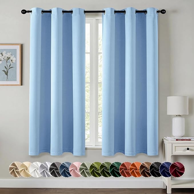 MIULEE Sky Blue Blackout Curtains for Bedroom Living Room 63 Inches Long 2 Panels, Thermal Insulated Room Darkening Drapes Solid Grommet Noise Reduction Light Blocking Window Treatments 40x63 Inch