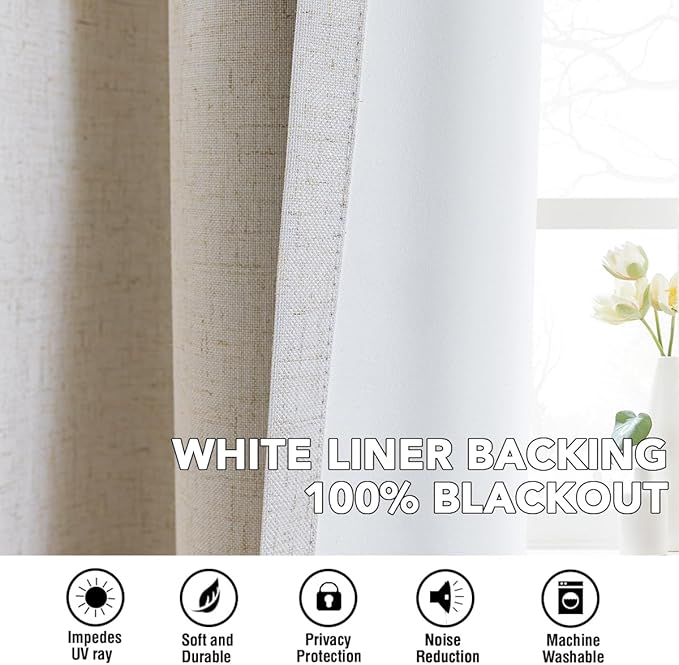 H.VERSAILTEX Linen Curtains 100% Blackout Curtains for Bedroom 102 inch Long Full Light Blocking Nature Linen Blended Window Curtains for Living Room Nickel Grommet (2 Panels, Heathered Natural)