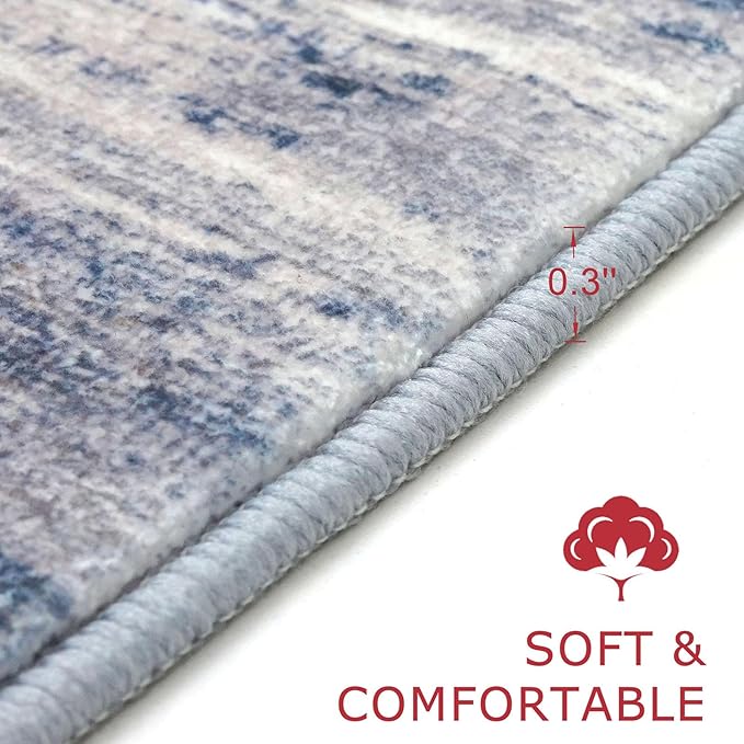KOZYFLY Modern Abstract Kitchen Runner Rug, 2x10 Washable Rug Runner Non-Slip Soft Striped Hallway Runner Rugs, Grey Blue Print Carpet Runner for Entryway Bathroom Laundry Room Foyer