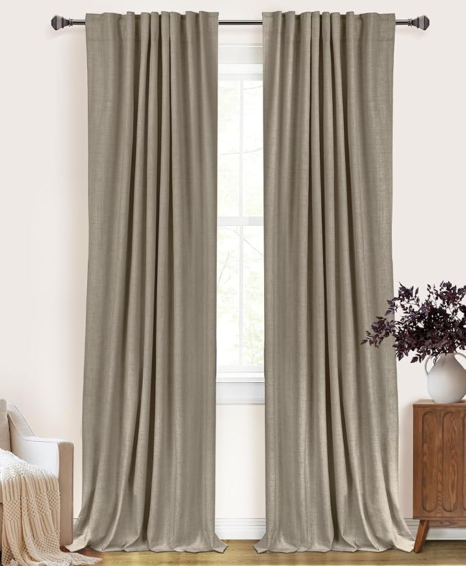 100% Blackout Shield Linen Blackout Curtains for Bedroom 108 Inches Long, Back Tab/Rod Pocket Living Room Drapes, Thermal Insulated Blackout Curtains 2 Panels Set, 50" W x 108" L, Faux Linen