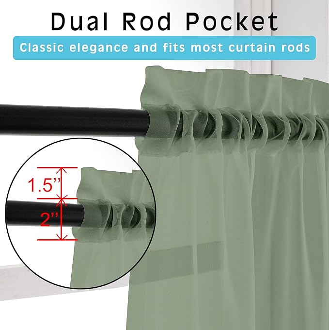 OVZME 2 Panels Sheer Sage Green Curtains 54 Inches Length Window Treatment for Kitchen, Elegant Airy Transparent Curtain Draperies Rod Pocket for Kids Living Room, Each 42 Width 54 Length