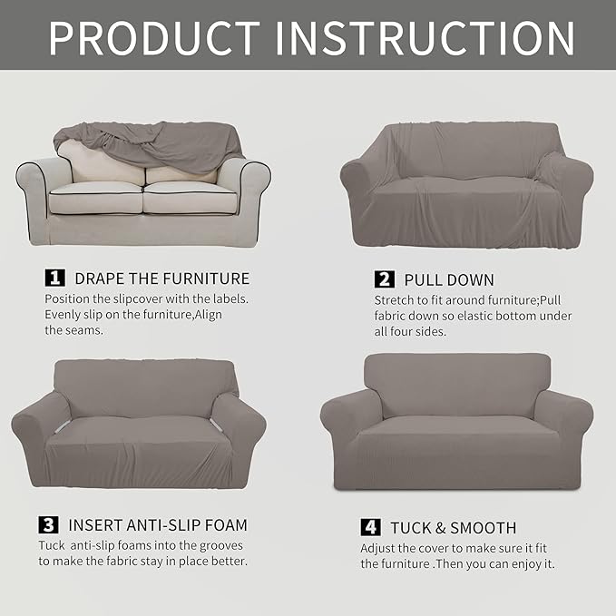 Easy-Going Stretch Oversized Sofa Slipcover 1-Piece Sofa Cover Furniture Protector Couch Soft with Elastic Bottom for Kids, Polyester Spandex Jacquard Fabric Small Checks Taupe