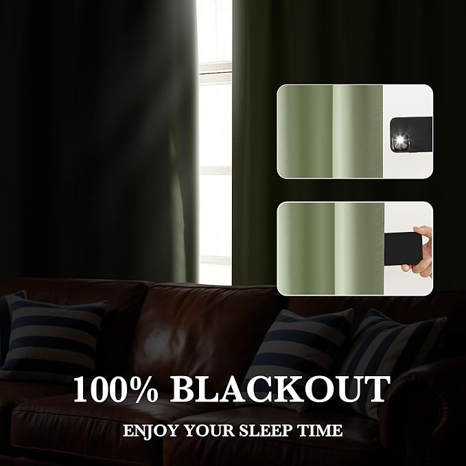 RYB HOME 100% Blackout Basement Curtains 36 inches Long, Heat & UV Blocking Total Room Darkening Noise Reducing Curtains for Bathroom RV Campers, Sage Green, 2 Panels Set