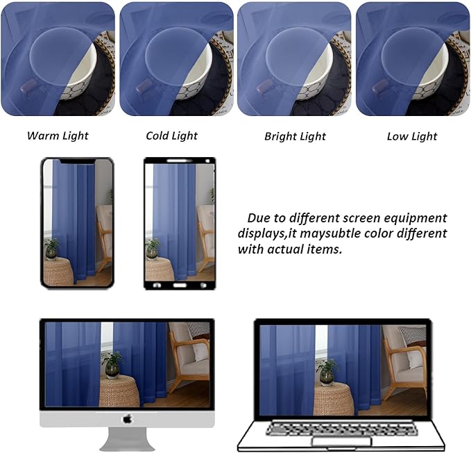 Chyhomenyc Royal Blue Sheer Valances for Windows - Light Filtering Small Kitchen Curtains, Rod Pocket Short Top Window Treatment Decor for Living Room Bathroom Basement, 42Wx16L inches, 2 Panels