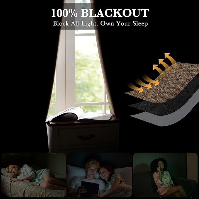 RYB HOME Coffee 100% Blackout Short Curtains 52 Width 45 inch Length, Light Blocking & Thermal Insulated Curtains for Kitchen/Small Window/Bathroom/Basement, 2 Panels