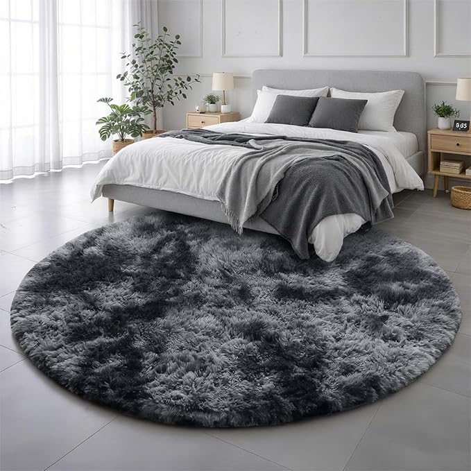 Amdrebio Tie-Dyed Dark Grey Round Area Rugs for Living Room, 6x6 Rug, Soft Thick Large Circle Rug for Bedroom, Big Shag Fluffy Fuzzy Carpet for Mens Boys Kids Room, Modern Cool Floor Circular Rug