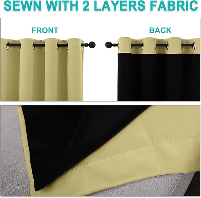 NICETOWN 100% Blackout Blinds, Set of 2, 46 inches x 45 inches, Laundry Room Decor Window Treatment Curtains for Large Patio Sliding Door, Thermal Insulated Paler Yellow Curtains for Bedroom