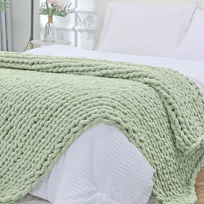 Bigacogo Chunky Knit Throw Blanket for Couch, 51x63 inches, 100% Hand Knitted with Thick Jumbo Chenille Yarn, Cozy Soft Large Rope Knot Cable Crochet Blankets for Sofa Bed Living Room, Sage Green