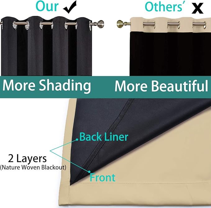 Yakamok 108 Inches Long Thermal Insulated 100% Blackout Curtains for Bedroom with Black Liner, Double Layer Full Room Darkening Noise Reducing Grommet Drapes for Living Room(52Wx108L, Beige, 2 Panels)