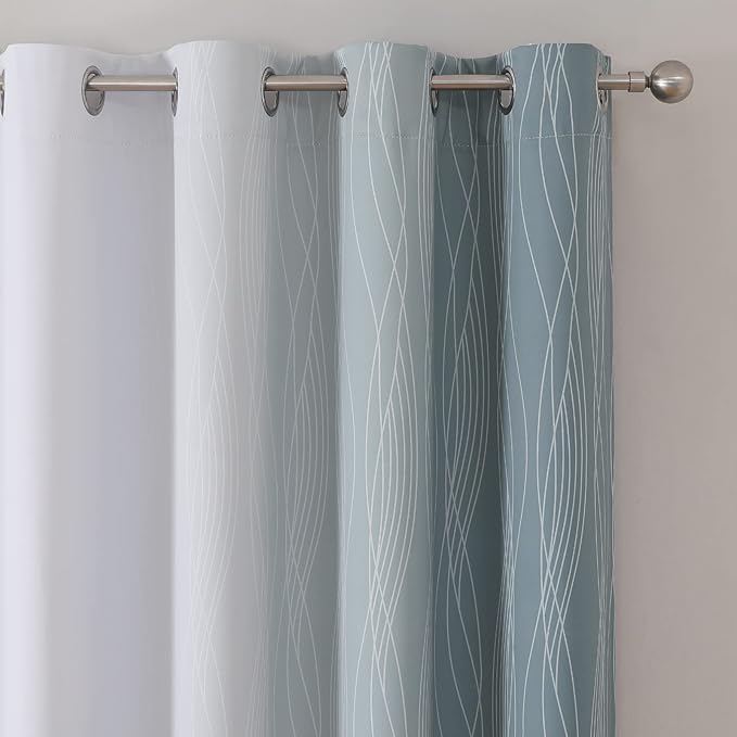 Estelar Textiler Stone Blue and Greyish White Blackout Curtains 63 Inch Length 2 Panels Set, Room Darkening Grommet Ombre Curtains for Bedroom, Thermal Insulated Light Blocking Gradient Drapes,52Wx63L