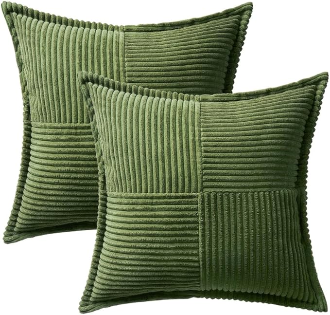 MIULEE Spring Decorative Throw Pillow Covers for Couch Bed Livingroom 20x20 Inch Set of 2 Moss Green Boho Accent Throw Pllows Broadside Striped Patchwork Soft Corduroy Summer Pillowcases