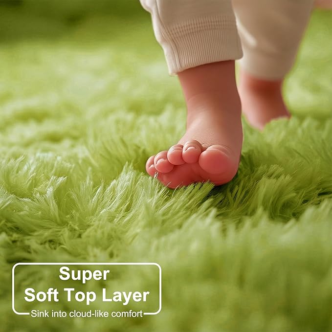 Grass Green Small Round Rug 3Ft for Bedroom, Fluffy Shag Circle Area Rugs for Kids Room Classroom Nursery, Cool Living Room Decor Aesthetic, Cute Fuzzy Moss Floor Circular Carpet for Preppy Dorm