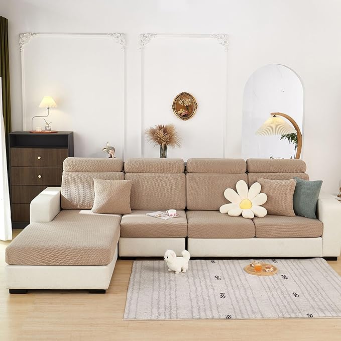 Sofa Covers Couch Covers for Sofa Pet Friendly Couch Cushion Covers Universal Sofa Covers Washable Stretch Slipcovers for Sectional Sofa (Texture Light Coffee, 3 Seats + Chaise Cover)