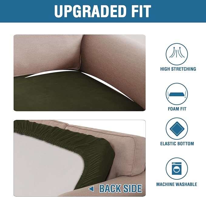 H.VERSAILTEX Velvet Stretch Individual Cushion Cover Plush Cushion Slipcover for Loveseat Sofa Furniture Protector Seat Cushion Sofa Cover (1 Piece Loveseat Cushion Cover, Olive)