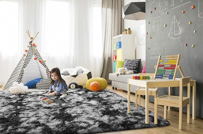 TWINNIS Super Soft Shaggy Rugs Fluffy Carpets 5x7 Feet, Indoor Modern Plush Area Rugs for Living Room Bedroom Kids Room Nursery Home Decor, Upgrade Anti-Skid Fuzzy Rug, Black and Grey