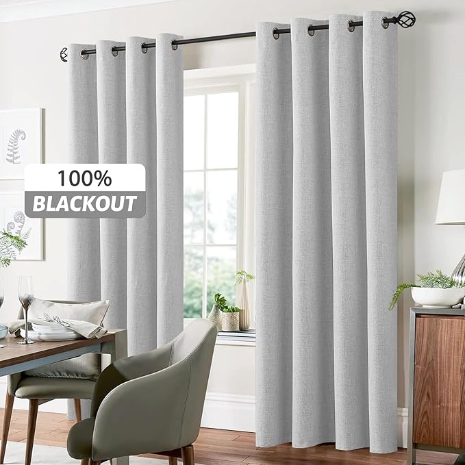 Yakamok White Linen Curtains 100% Blackout 72 Inches Long,Room Darkening Textured Drapes for Living Room Thermal Grommet Bedroom Curtains 2 Panels with Greyish White Liner