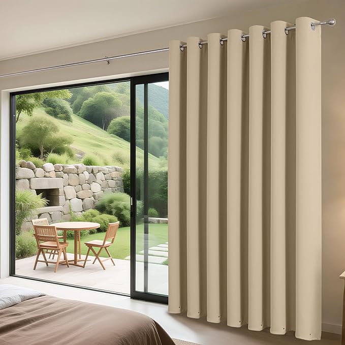 Joydeco Blackout Patio Sliding Door Curtains 90 Inches Long, Grommet Privacy Room Divider Curtains, Extra Wide Thermal Blackout Drapes for Bedroom Living Room (Light Beige, 60Wx90L, 1 Panel)