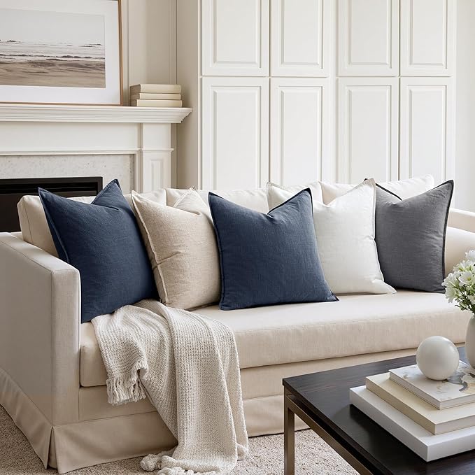 MIULEE Decorative Linen Euro Sham Pillow Covers 24x24 Indigo Blue Boho Farmhouse Neutral Couch Throw Pillows for Bed Pack of 2 Accent Coastal Modern Pillowcase Summer Sofa Livingroom Home Decor