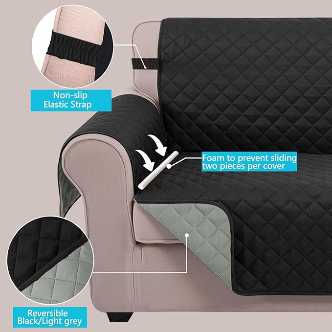 U-NICE HOME Loveseat Sofa Cover Reversible Couch Covers for 2 Cushion Couch for Dogs Furniture Protector Cover with Elastic Straps Water Resistant(Loveseat Small, Black/Grey)
