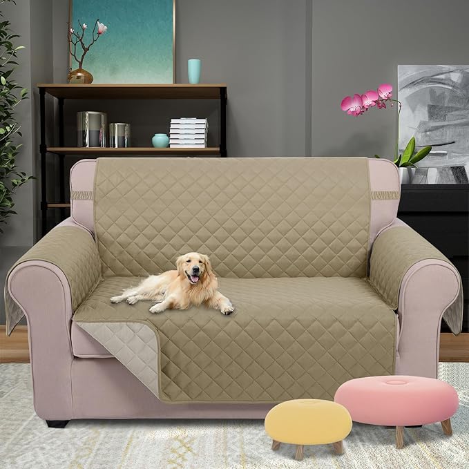 U-NICE HOME Loveseat Sofa Cover Reversible Couch Covers for 2 Cushion Couch for Dogs Furniture Protector Cover with Elastic Straps Water Resistant(Loveseat Small, Light Camel/Beige)