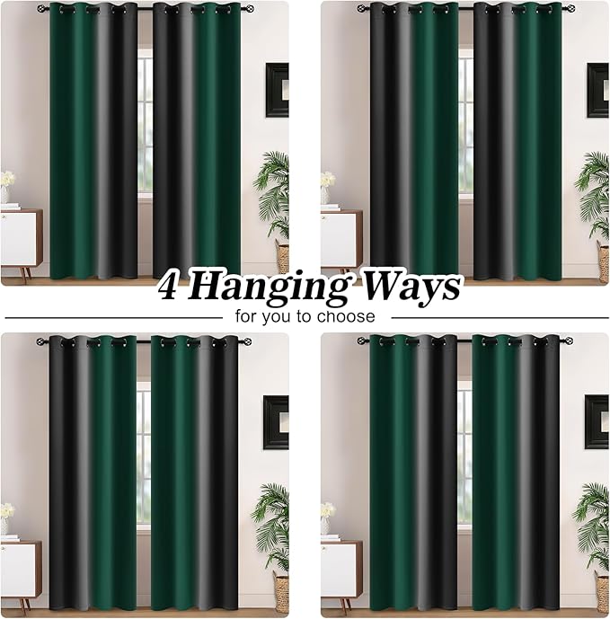 Yakamok Blackout Ombre Dark Green and Black Curtains-Gradient Room Darkening Curtain, Grommet Thermal Insulated Light Blocking Window Drapes Curtain for Living Room Bedroom,52 x 63 Inch,2 Panels