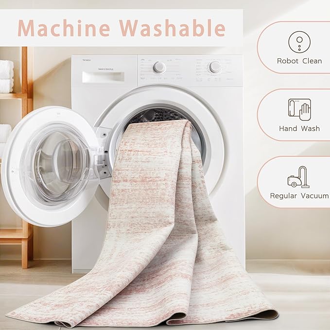 Washable Rugs 4x6 Area Rugs for Living Room,Bedroom,Kids Room,Nursery- Soft Faux Wool Small Carpets,Non Slip&Non-Shedding Low Pile Vintage Print Rugs for Enterway,Home Office Decor-Pink White