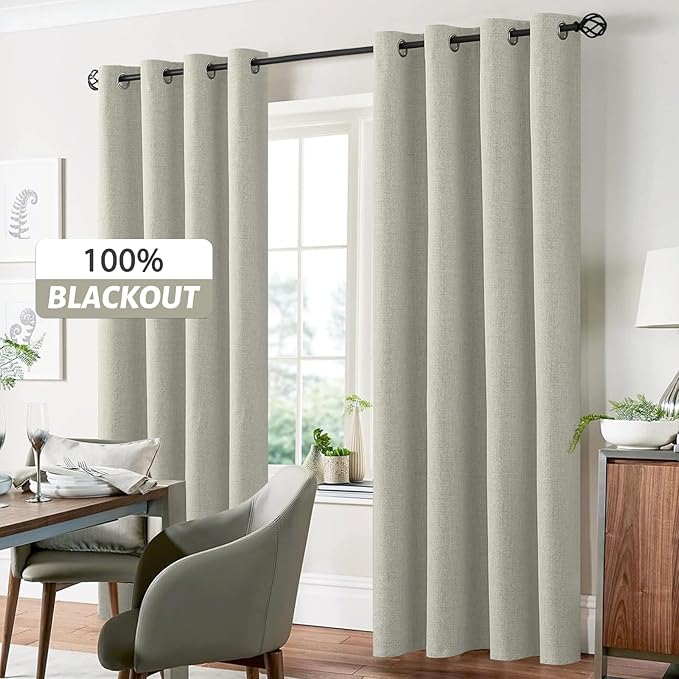 Yakamok Cream Linen Curtains 100% Blackout 84 Inches Long,Room Darkening Textured Drapes for Living Room Thermal Grommet Bedroom Curtains 2 Panels with Greyish White Liner