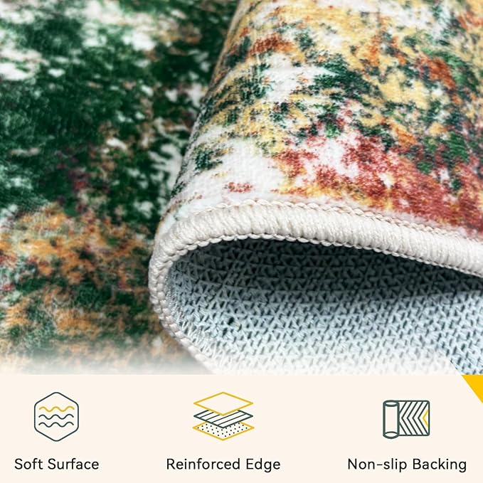 Washable Area Rugs 4'x6' Non-Slip Modern Abstract Soft for Living Room Entryway Bedroom Nursery, Print Pattern, Green Orange Rust Red Cream Colorful
