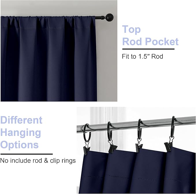 Simplebrand Ava Navy Blue Blackout Curtains for Bedroom 90 Inches Long 2 Panels Set, Solid Privacy Energy Saving Living Room Window Treatment Curtains Blackout Drapes, W50 x L90 Inch, Navy Blue
