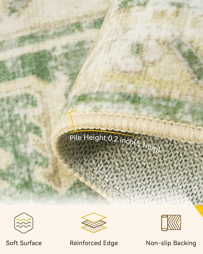 RELEANY Area Rugs Square 7ft Washable Non-Slip, Floral Vintage Distress Print Pattern Medallion Carpet for Living Room Bedroom Dining Room, Sage Green Yellow