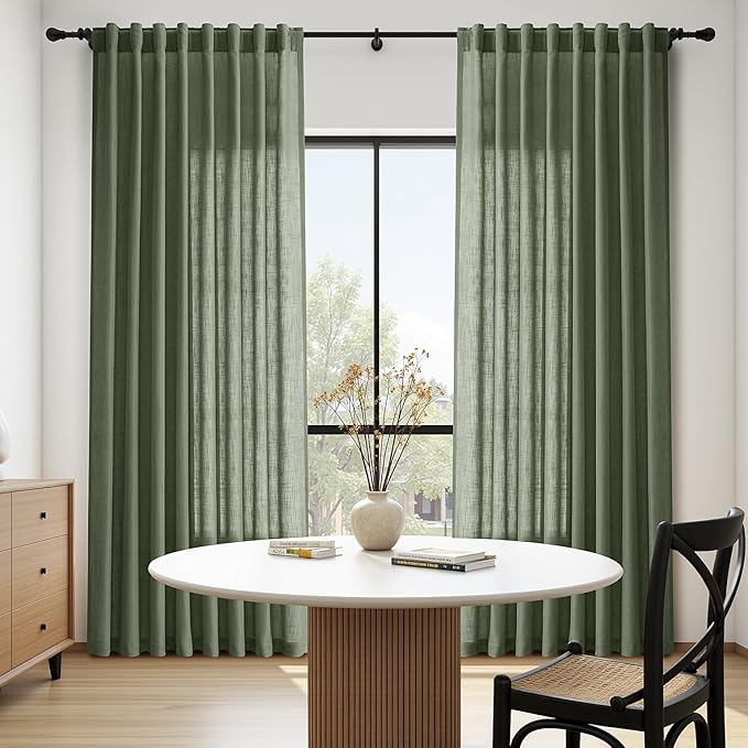Nanspring Olive Green Linen Sheer Curtains for Living Room 2 Panels Set 106 Inch Length Back Tab Light Filtering & Breathability Semi Sheer Curtain Drapes for Bedroom 52x106