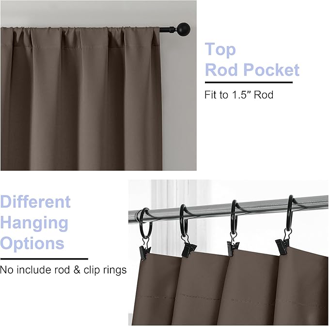 Simplebrand Ava Brown Short Blackout Curtains for Bedroom 45 Inches Long 2 Panels Set, Solid Thermal Insulated, Energy Saving Window Treatment Curtains Blackout Drapes, W40 x L45 Inch, Brown