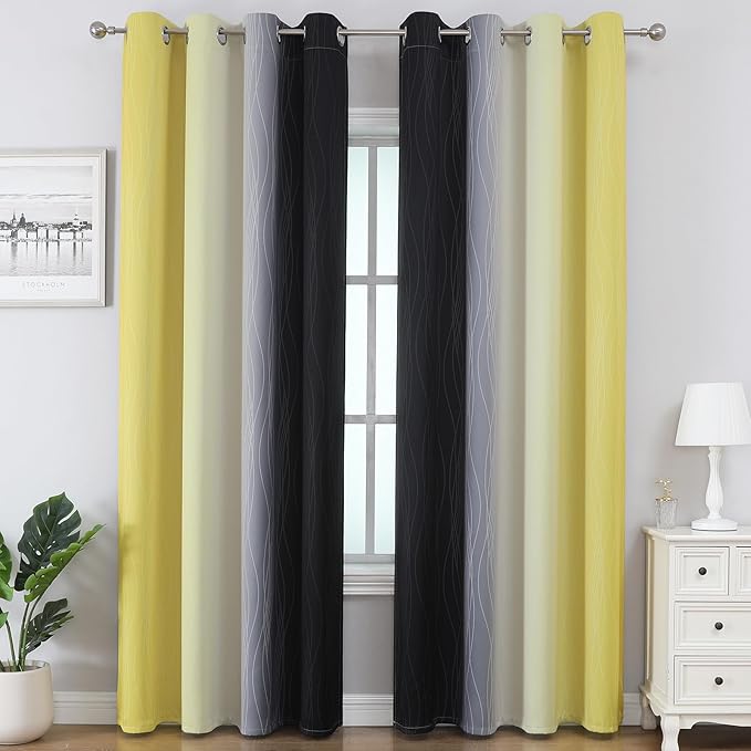 Estelar Textiler Black and Yellow Ombre Blackout Curtains 90 Inch Length 2 Panels Set, Thermal Insulated Drapes for Bedroom,Full Room Darkening Grommet Gradient Curtains for Living Room,52Wx90L