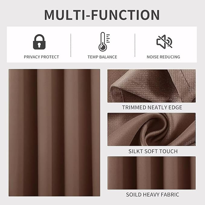 Joydeco Blackout Curtains 72 Inch Length 2 Panels Set, Thermal Insulated Long Curtains& Drapes 2 Burg, Room Darkening Grommet Drapes for Living Room Bedroom Window (W52 x L72 Inch, Brown)