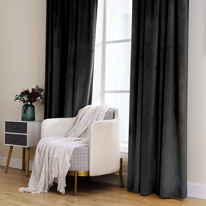 MIULEE Black Velvet Curtains 90 inches 2 Panels - Luxury Blackout Curtains for Bedroom Living Room Thermal Insulated Super Soft Window Drapes Rod Pocket & Back Tab Halloween Decor, W 52 x L 90 inch
