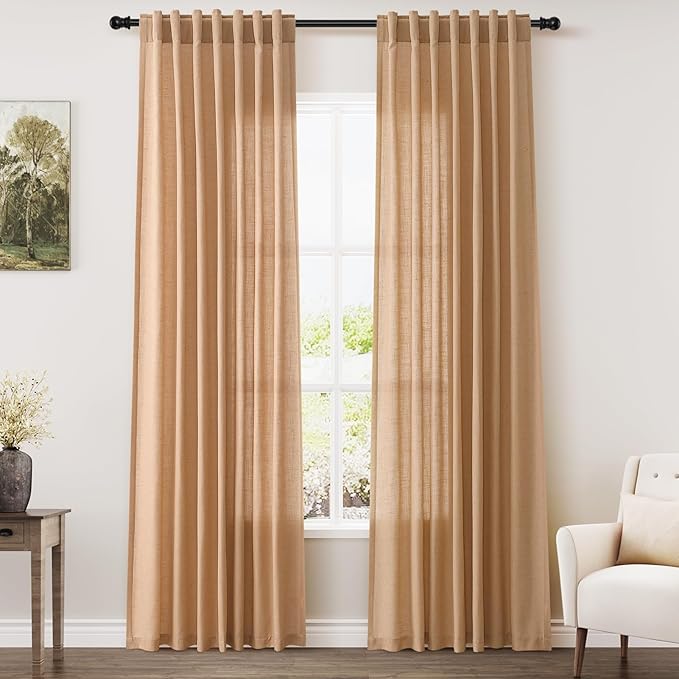 Camel Linen Curtains 84 Inches Long for Bedroom Back Tab Light Filtering Privacy Semi Sheer Drapes Modern Farmhouse Decor Camel Cotton Elegant for Living Room Curtain 2 Panels Set 52x84 Inch