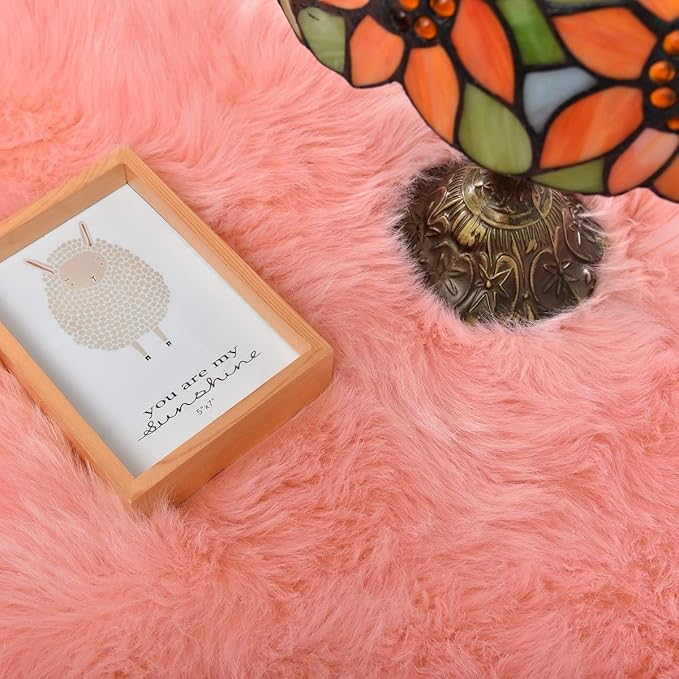 ORINOVA Pink Washable Fluffy Circle Rugs for Bedroom Small Faux Sheepskin Shag Fur Round Rugs 4ft Nursery Rug Cute Room