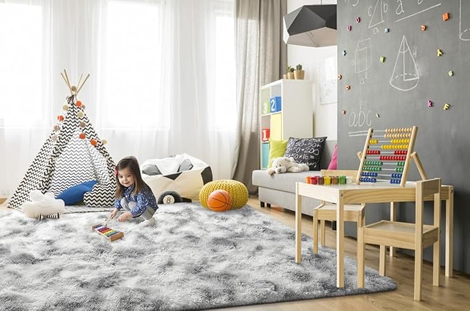 TWINNIS Super Soft Shaggy Rugs Fluffy Carpets 9x11 Feet, Indoor Modern Plush Area Rugs for Living Room Bedroom Kids Room Nursery Home Decor, Upgrade Anti-Skid Fuzzy Rug, Grey and White