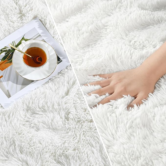 Deerhoo Large Shag Area Rugs 10 x 14, Tie-Dyed Plush Fuzzy Rug for Living Room, Ultra Soft Fluffy Furry Rugs for Bedroom, Anti-Skid Indoor Carpet Nursery Rugs for Kids Room Home Decor, White
