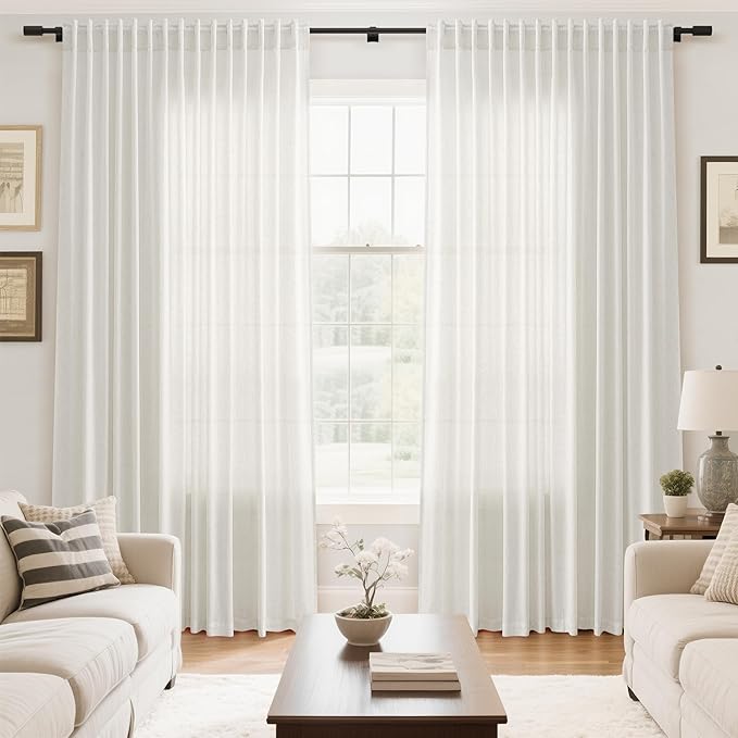 Nanspring Extra Wide Linen Curtains for Living Room Bedroom 84 Inches Long Light Filtering Sheer Curtain for Sliding Door Beige White Farmhouse Decor Drapes Back Tab and Rod Pocket 100x84, 2 Panels